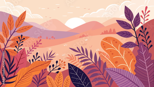 Autumn landscape with mountains and tropical plants in flat vector style