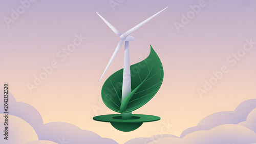 Minimalist illustration of white wind turbine integrated with green leaf against pastel sky, symbolizing renewable energy, sustainability, and harmony between technology and nature