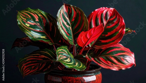 Vibrant red and green Calathea plant with striking patterned leaves in a decorative pot