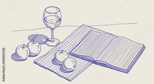 Fotografie Still life with book, wine glass, and apples, simple line drawing, reading conce