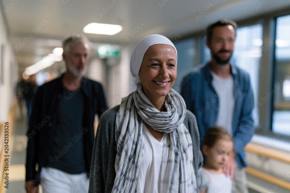 Fototapeta premium A group of happy individuals walks together through a hospital hallway, showcasing warmth and support during difficult times, highlighting family bonds and resilience.