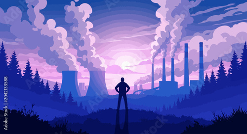 Photos Man standing in front of industrial factory with smokestacks, pollution concept,