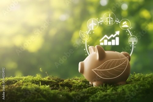 Piggy bank with leaf design placed on moss under sunlight, surrounded by glowing icons of renewable energy and growth chart, symbolizing sustainable finance and green investment