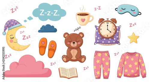 Sleeping child accessories, bedtime routine concept, kids illustration