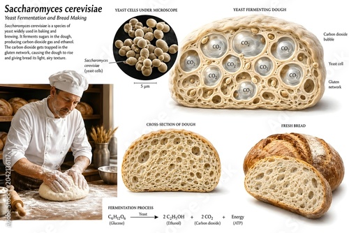 Educational Baking Science Illustration Showing Yeast Fermentation and Bread Rising Process