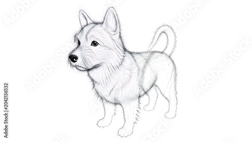 Silhouetted small dog light gray shading isolated on a transparent background, white fur cartoon dog