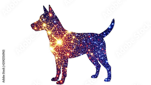 Stylized dog silhouette with cosmic starburst pattern isolated on a transparent background, glowing particles