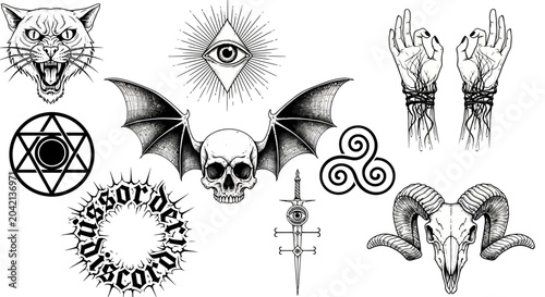 Foto Satanic symbols, occult and devilish tattoos, black and white illustrations, hor