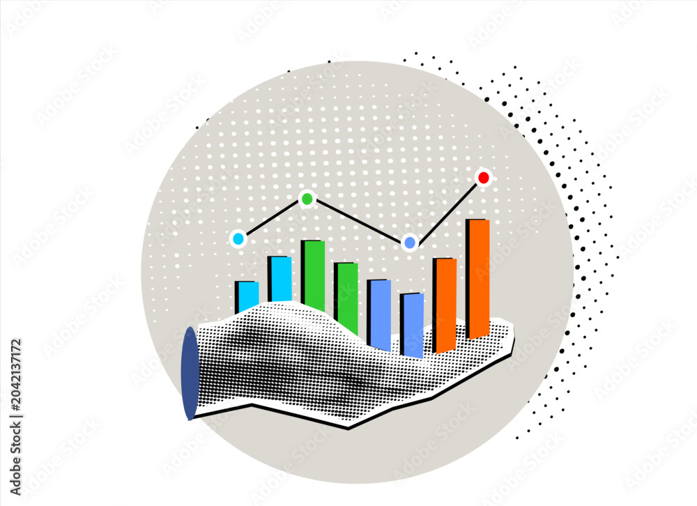 Fototapeta premium Trendy Halftone Collage businessman hand holding business increases in the financial graph arrow. Business collage