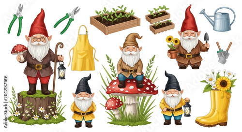 Fotografie Gnomes gardening tools and flowers, whimsical illustration, garden decoration co