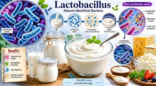 Realistic Microbiology Infographic Showing Yogurt Fermentation by Lactobacillus Cultures
