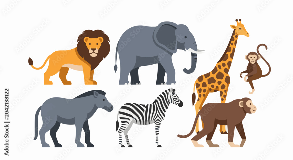 Obraz premium Flat design illustration of various wild animals on white background