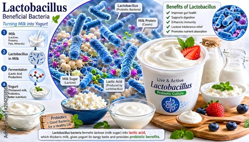 Beneficial Probiotic Bacteria Converting Milk into Yogurt in Scientific Medical Visualization