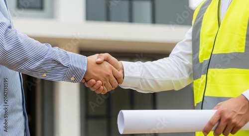 Handshake between a contractor and architect on a construction site