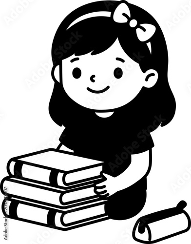 Girl Reading Stack of Books vector outline