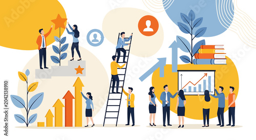 Фотография People collaborate in a digital workplace with flat design elements and coworker