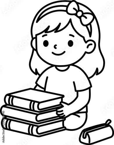 Girl Reading Stack of Books vector outline