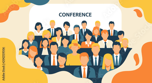 Slika na platnu A diverse group of business professionals attend a conference in a digital workplace with modern flat design elements