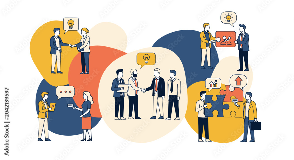 Fototapeta premium Digital workplace team collaborates on flat design project in office