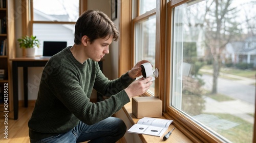 Young man installing a security camera at home near a window with instructions and tools