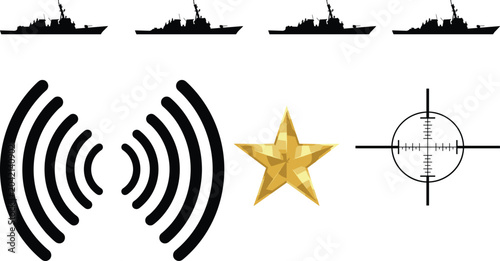 Картината върху платно Military graphic elements set featuring naval battleship silhouettes sonar radar