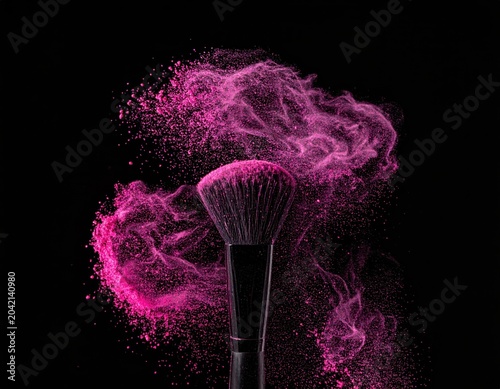 Makeup brush with pink powder dust on black , cosmetic powder swirl, beauty product concept, studio promo