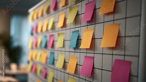 Colorful sticky notes arranged on planning board representing project management, scheduling and creative brainstorming workflow