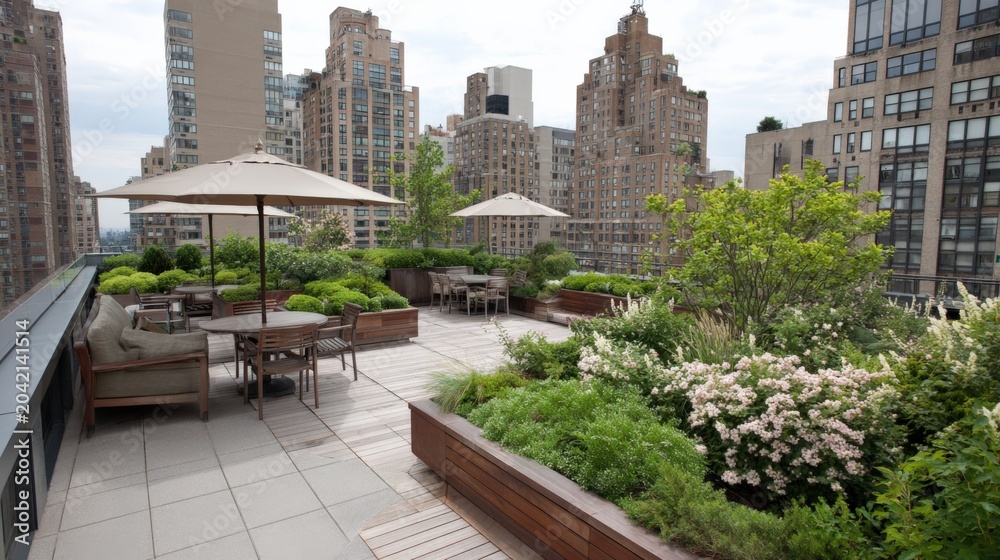 Fototapeta premium Urban Oasis Rooftop Terrace with Lush Greenery, Seating Areas, and City Skyline Views