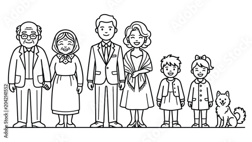 Foto Family portrait drawing of grandparents parents kids and cute little pet dog outline art