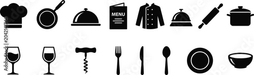 kitchen restaurant food icons with chef hat and utensils