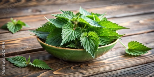 A vibrant bowl of freshly picked stinging nettle leaves sits on a rustic wooden surface, showcasing the plant's vibrant green hue and delicate texture.