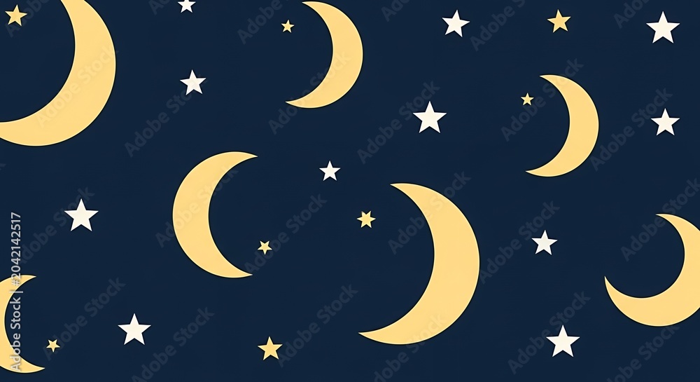 Naklejka premium Paper Cut Style Night Sky Pattern with Yellow Crescent Moons and Stars on Navy Blue Background