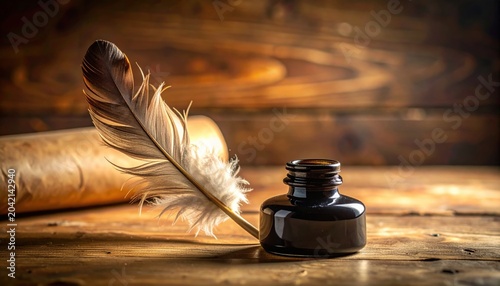 Vintage quill feather and dark inkwell resting on rustic wooden surface, evoking historical writing and creativity