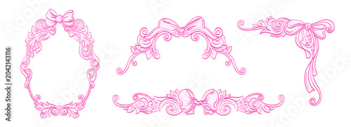 Vintage baroque frame featuring elaborate pink bow and elegant ornate element. Ideal for Victorian style wedding decor and antique inspired decorative border. Vector hand drawn collection
