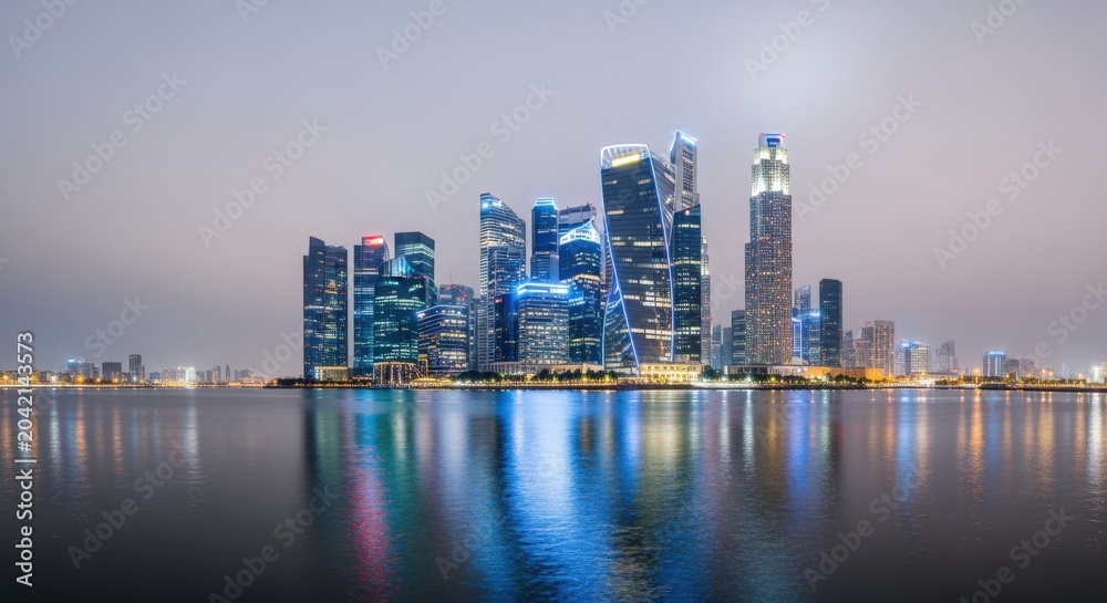 Obraz premium Modern City Skyline at Dusk with Bright Lights Reflecting on Calm Water