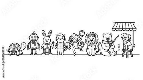 Cute cartoon animals and robot in line with dog fishing under canopy.