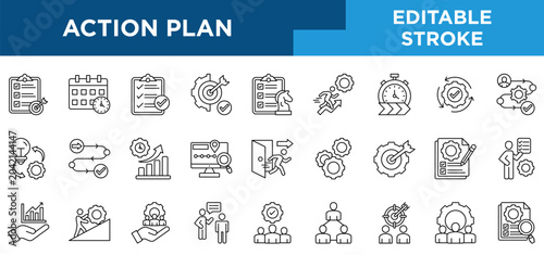 Action plan line icons set with planning workflow, goal setting, task execution, progress tracking, teamwork, timelines, and strategic business processes concepts. Editable stroke vector collection.