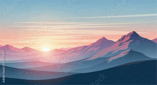 Serene mountain landscape at sunrise.