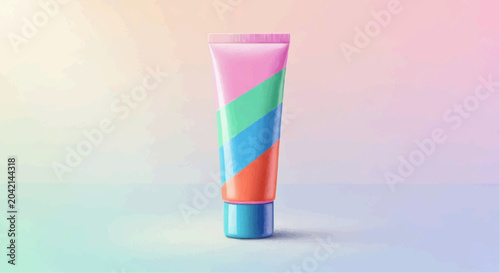 Colorful cosmetic tube on pastel background.