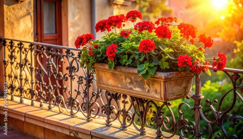 Ornate Wrought Iron Balcony Rail with Vibrant Red Geraniums Bathed in Sunlight
