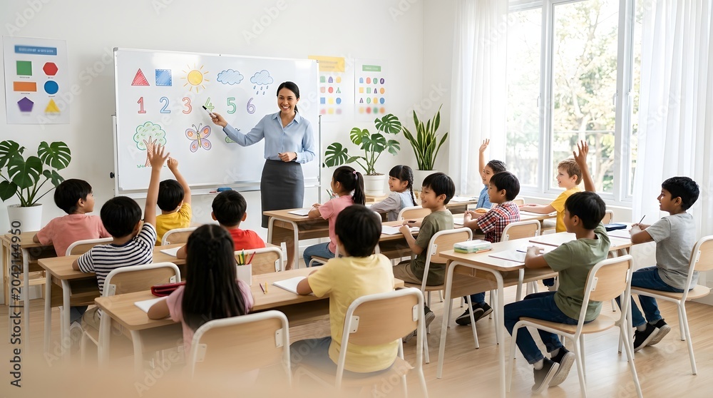 Obraz premium Female teacher explaining mathematics lesson to diverse students in a bright modern classroom with clean composition for education marketing