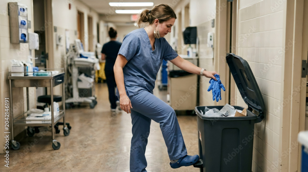 Fototapeta premium Nurse throwing away used medical glove in bin at hospital corridor. Healthcare worker disposing infectious waste after patient care. Clinical environment safety and hygiene protocol.