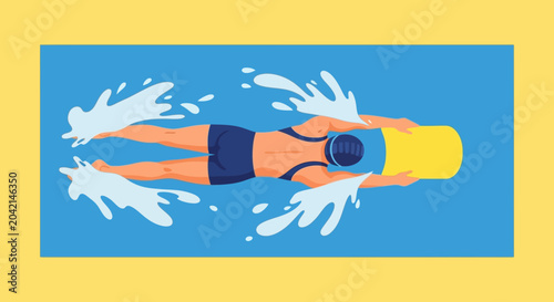 Konstfotografi Woman swimming freestyle with kickboard, top view, blue water, yellow border
