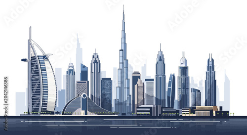 Dubai Skyline Vector Illustration: Modern Architecture, Burj Khalifa, Business Hub