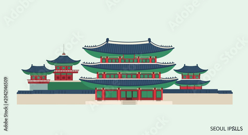 Bild auf Leinwand Gyeongbokgung Palace Seoul - Traditional Korean Architecture Flat Illustration