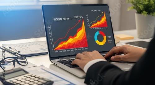Business professional analyzing financial growth charts and data on a laptop screen in an office setting