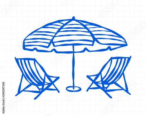 Foto Blue line beach umbrella and deck chairs doodle in Mediterranean vacation style for summer travel stickers, coastal decor and relaxed seaside printables