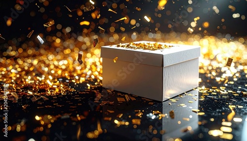 A white gift box showered with metallic gold confetti and sparkling lights, ideal for celebratory occasions.