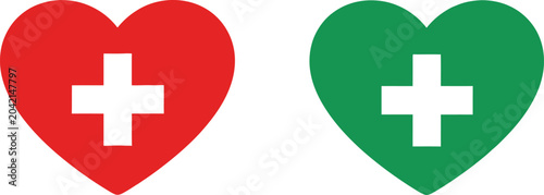 Obraz na płótnie Red and green heart shapes with a white medical cross symbol inside