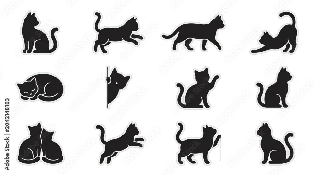 Fototapeta premium Black Silhouette Cats Various Dynamic Poses.